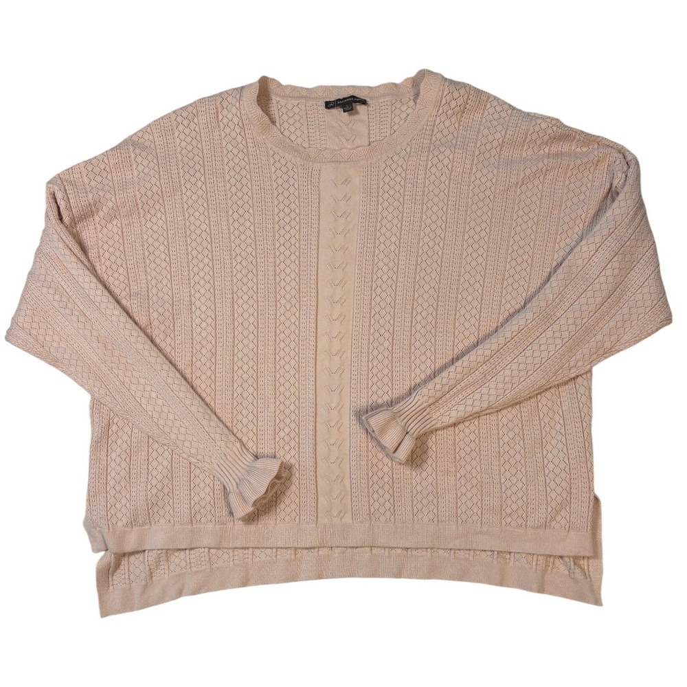 Adrianna Papell Pink Pointelle Knit Ruffle Cuff Sweater Scalloped Neck Large